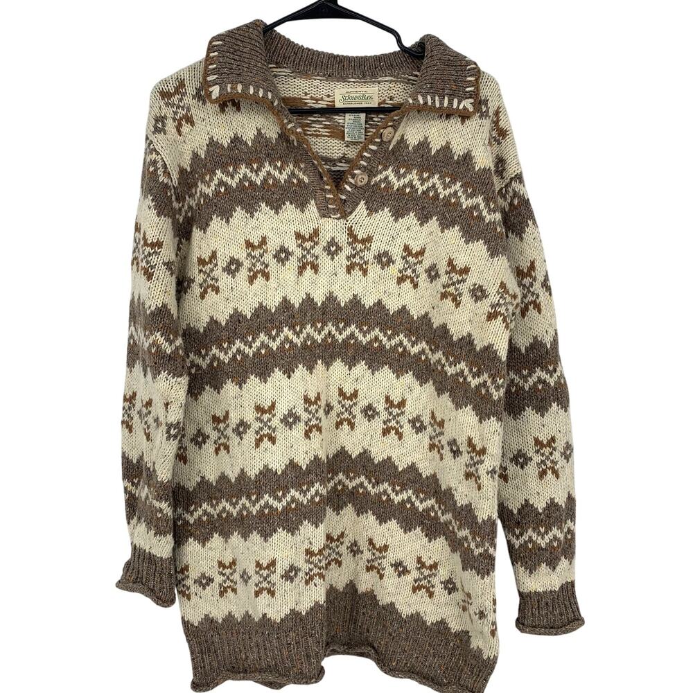 St. John's Bay Vintage Ramie Wool Blend Fair Isle Brown Long Sweater Size Small
